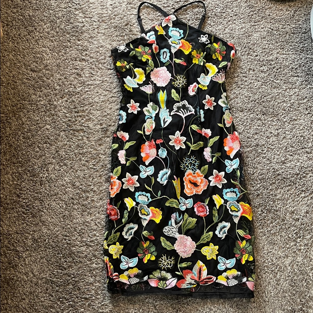 VENUS Black Dress with Multicolor Floral Design